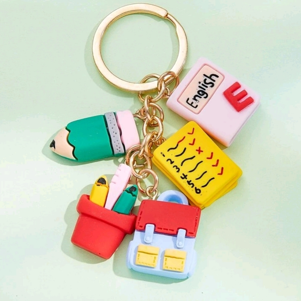 Books & Pencil Charm Keychain Key School